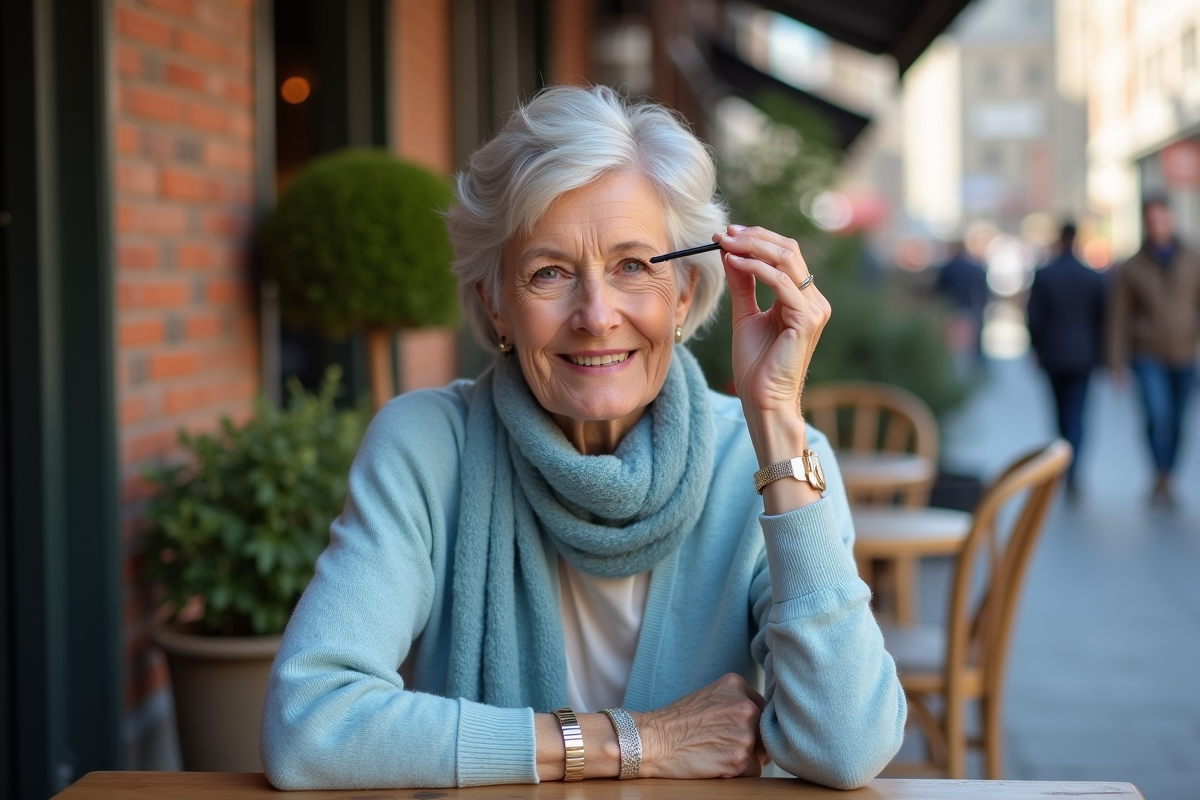 Femme souriante en café en extérieur avec mascara