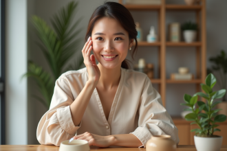 Femme appliquant un serum vitamine A sur la joue