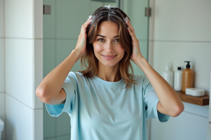 Femme se lavant les cheveux dans une salle de bain moderne