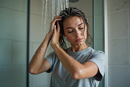Femme se lavant les cheveux dans la douche moderne