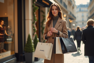 Femme élégante avec sacs Chanel devant boutique parisienne