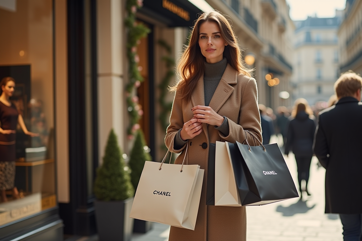 Femme élégante avec sacs Chanel devant boutique parisienne