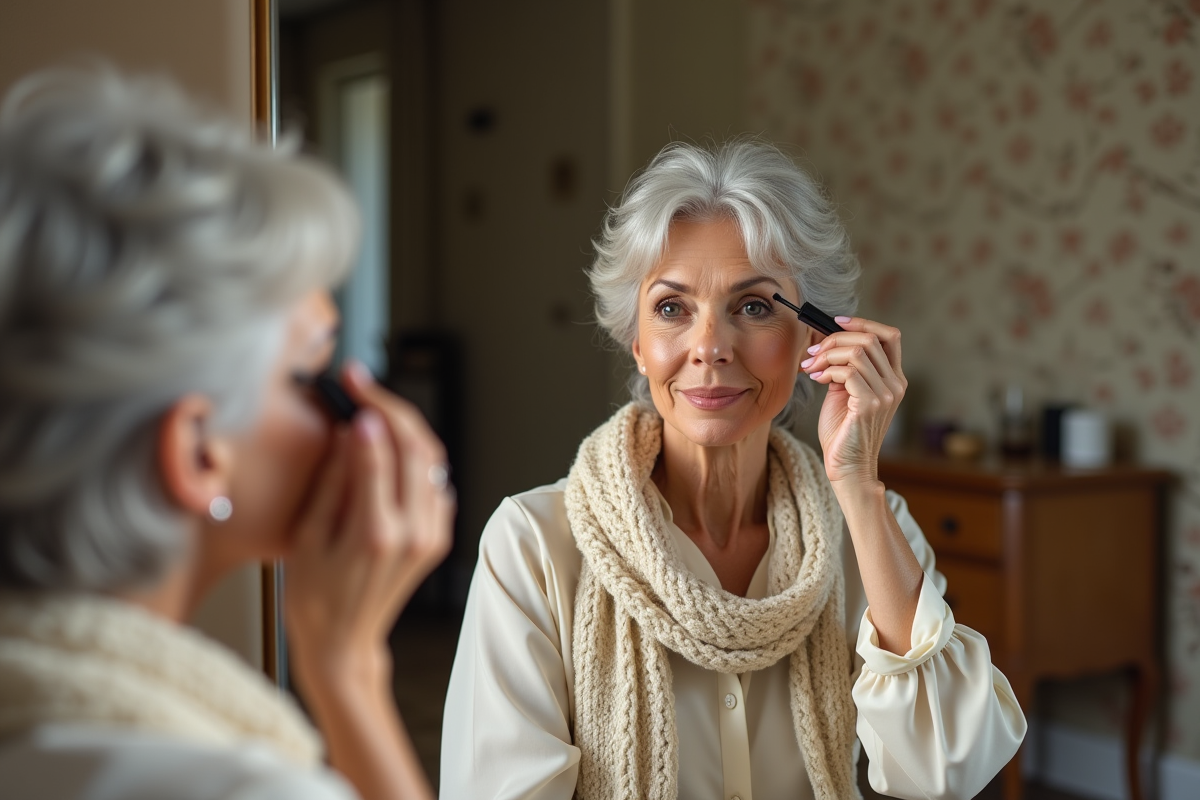 Femme d'âge mûr appliquant du mascara devant un miroir