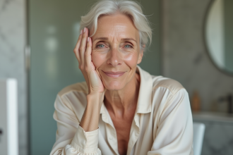Femme élégante appliquant crème anti-âge visage