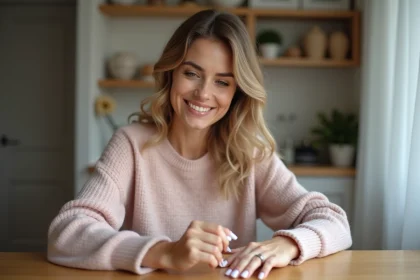 Femme souriante appliquant du gel sur ses ongles soignés