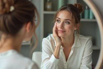 Femme regardant son visage dans un miroir avec soin