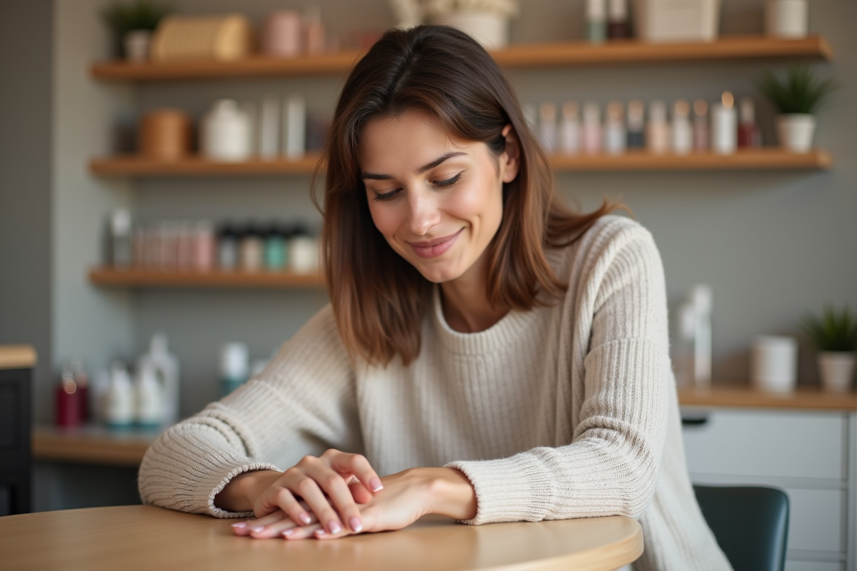 Femme examinant ses ongles naturels dans un salon moderne