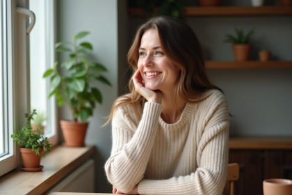 Femme en pull beige souriant paisiblement près d'une fenêtre