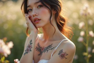 Jeune femme avec tatouages floraux délicats en extérieur
