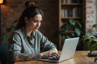 Jeune femme tatouée comparant des idées de motifs de tatouage sur une calculette en ligne depuis son appartement