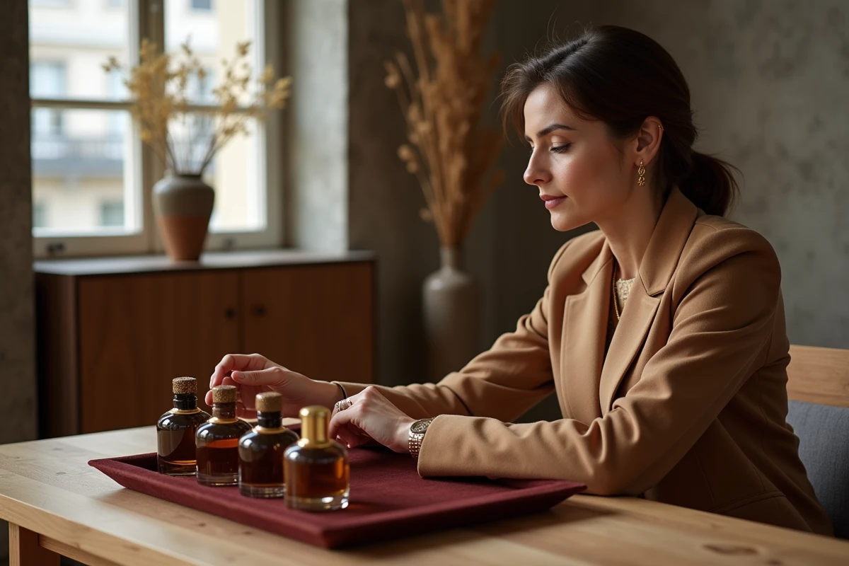 Femme élégante testant un parfum oud Abdul Samad dans un salon de consultation parisien moderne