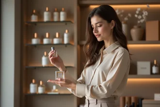 Jeune femme testant un parfum dans une parfumerie moderne