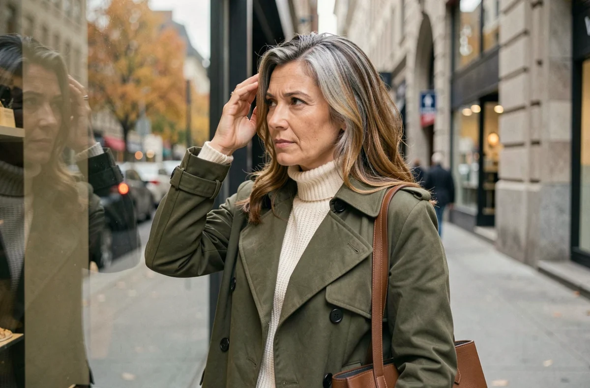Femme observant sa transition gris naturel dans le reflet d'une vitrine en milieu urbain à l'automne