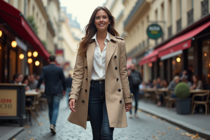 Femme élégante en trench beige dans une rue parisienne