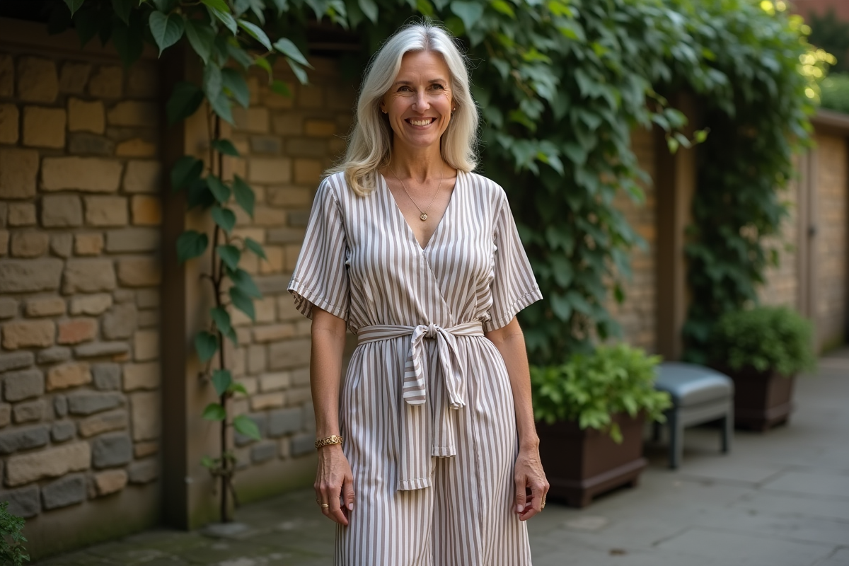 Femme confiante en robe à rayures dans un jardin urbain