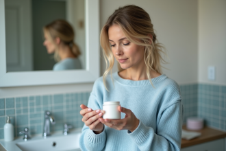 Femme examinant la liste d'ingrédients d'une crème hydratante