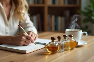 Femme créant une wishlist parfums dans un carnet sur un bureau en bois entouré de flacons de parfum élégants
