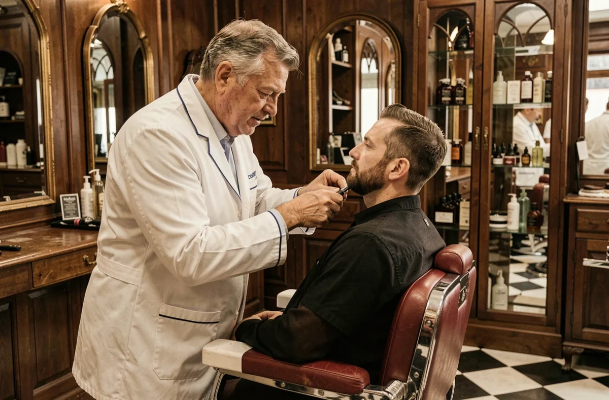 Barbier classique utilisant un rasoir droit dans la boutique vintage Figaro à Rueil-Malmaison