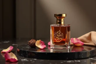 Flacon de parfum koweïtien Gissah sur marbre noir avec calligraphie arabe et pétales de rose séchés