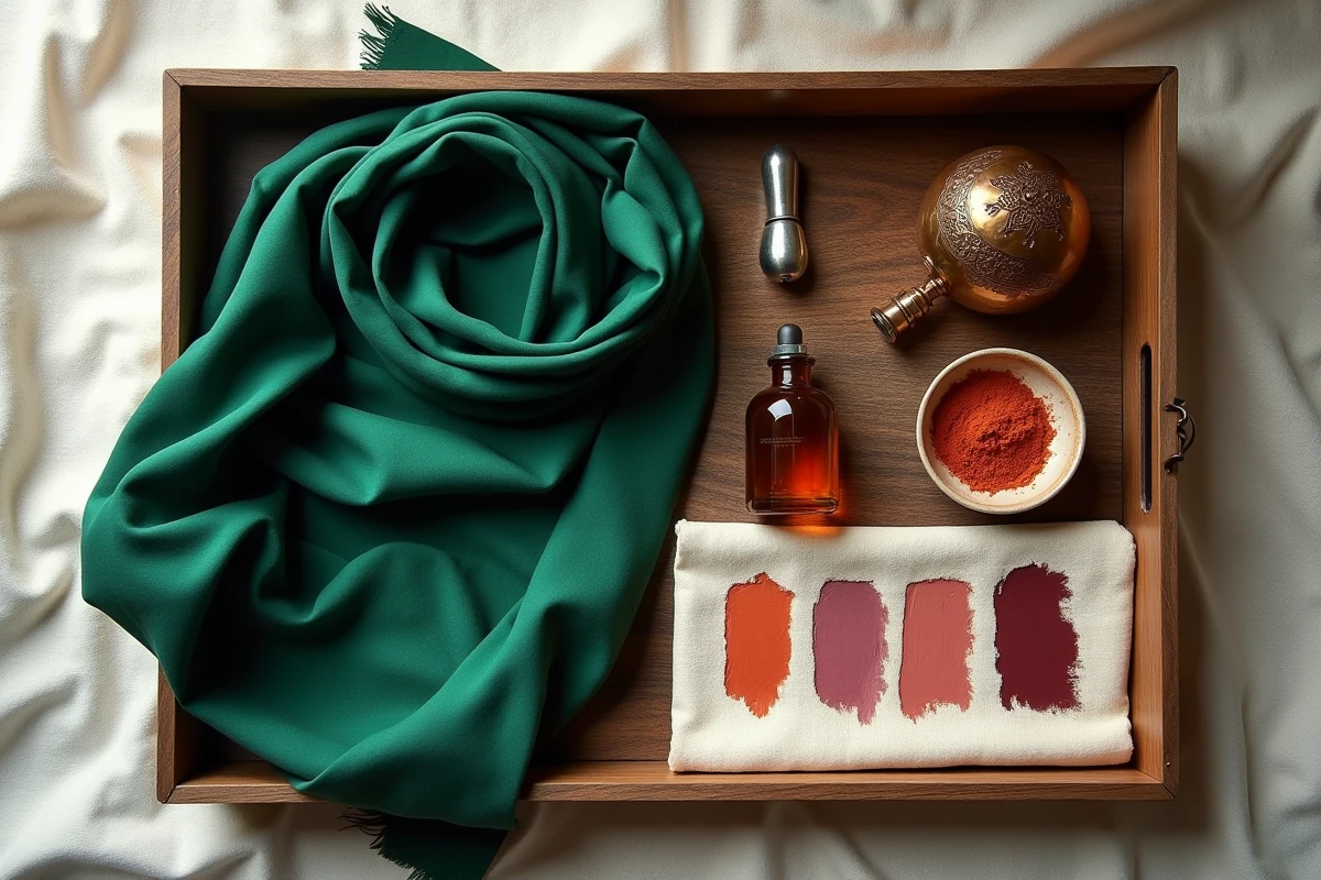 Flat-lay d'accessoires de beauté marocains avec hijab vert émeraude, khôl argenté, huile d'argan et teintes de maquillage terracotta sur plateau en bois