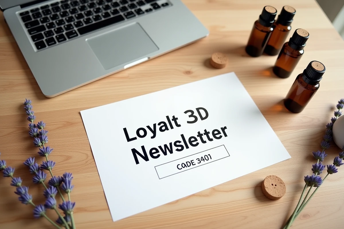 Flat lay d'un code promo Aromazon imprimé avec des huiles essentielles et un diffuseur sur une table en bois