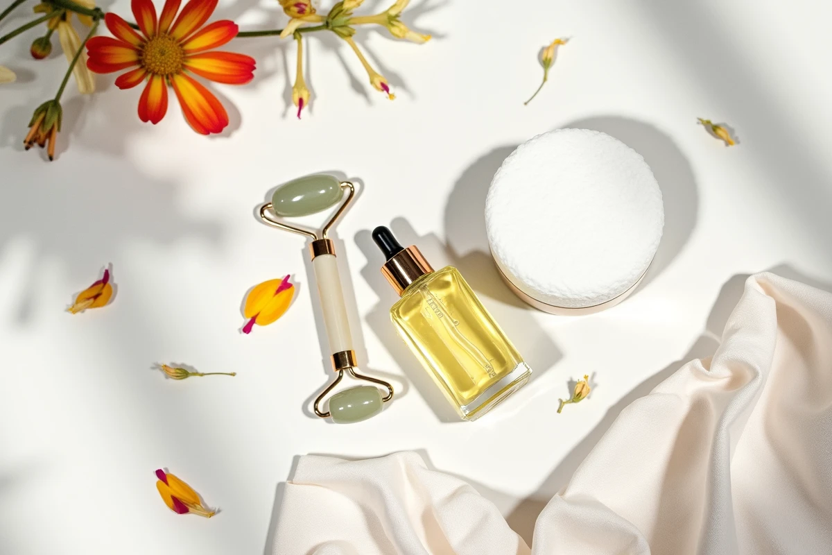 Plat posé de produits de soin visage dont une huile hydratante, un rouleau jade et des pétales botaniques séchés sur lin blanc