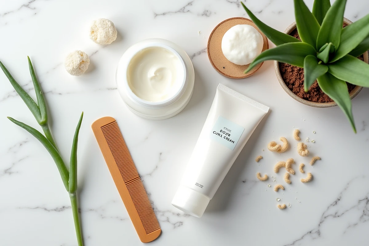 Flat lay de produits coiffants pour cheveux bouclés incluant crème définissante, sérum et peigne à larges dents sur fond pierre blanche