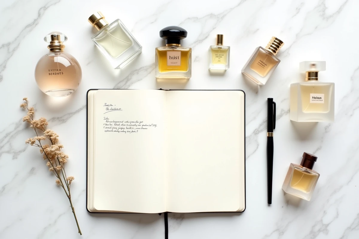 Flat lay artistique d'une wishlist parfums manuscrite dans un journal avec plusieurs flacons sur marbre blanc