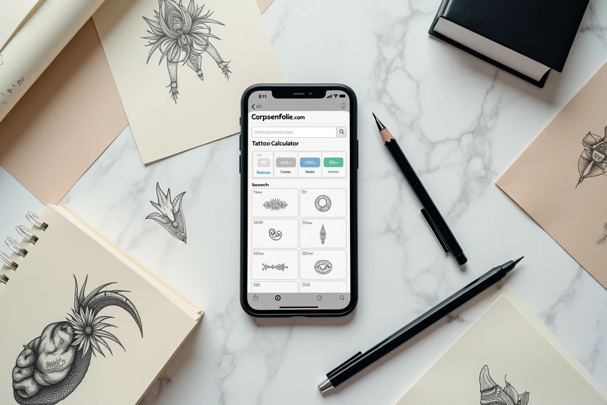 Flat lay d'un smartphone affichant une calculette de tatouage en ligne entouré de croquis de motifs sur table en marbre