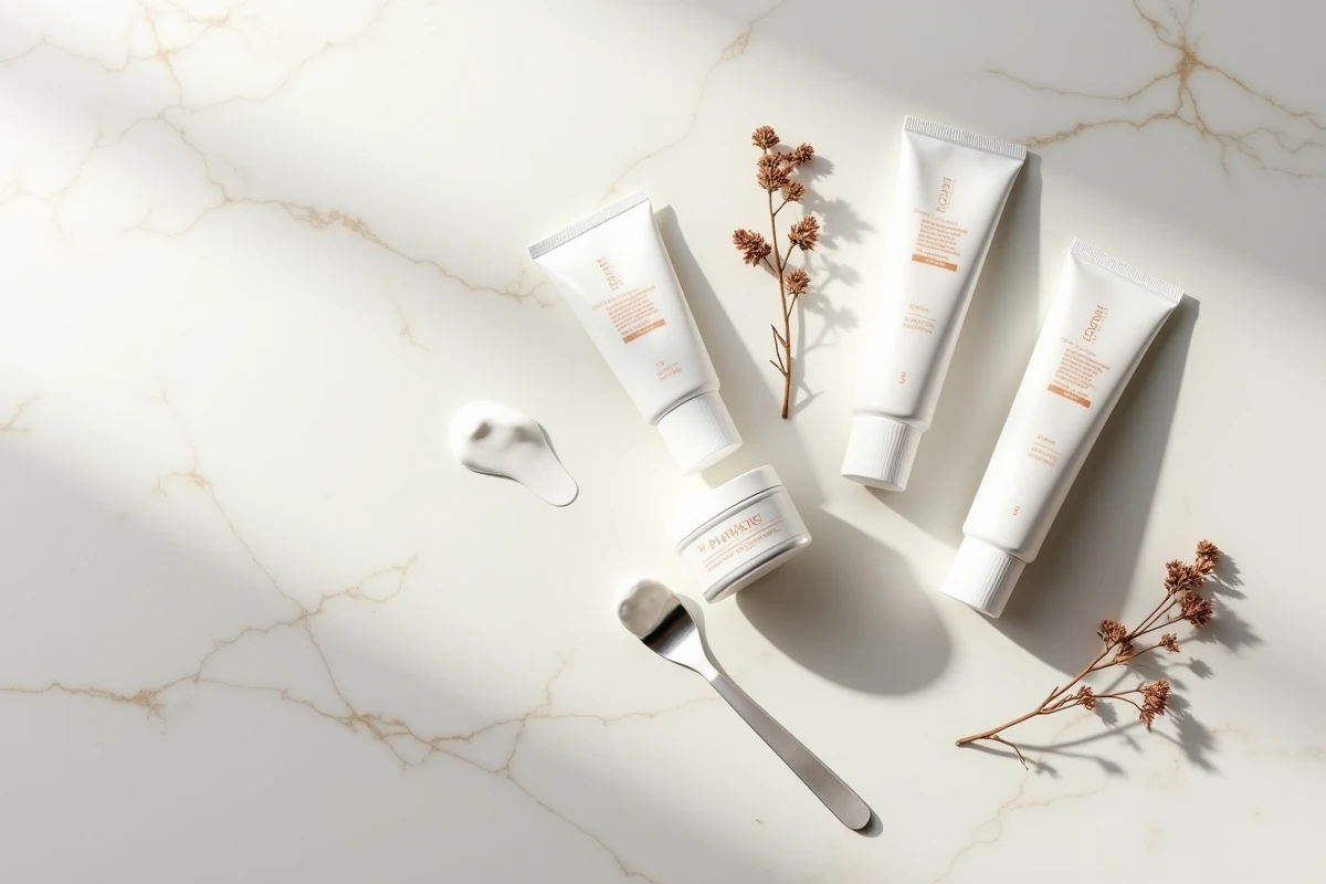 Comparaison de produits Halcare et crèmes de pharmacie en flat lay sur marbre blanc, détail texture et emballages