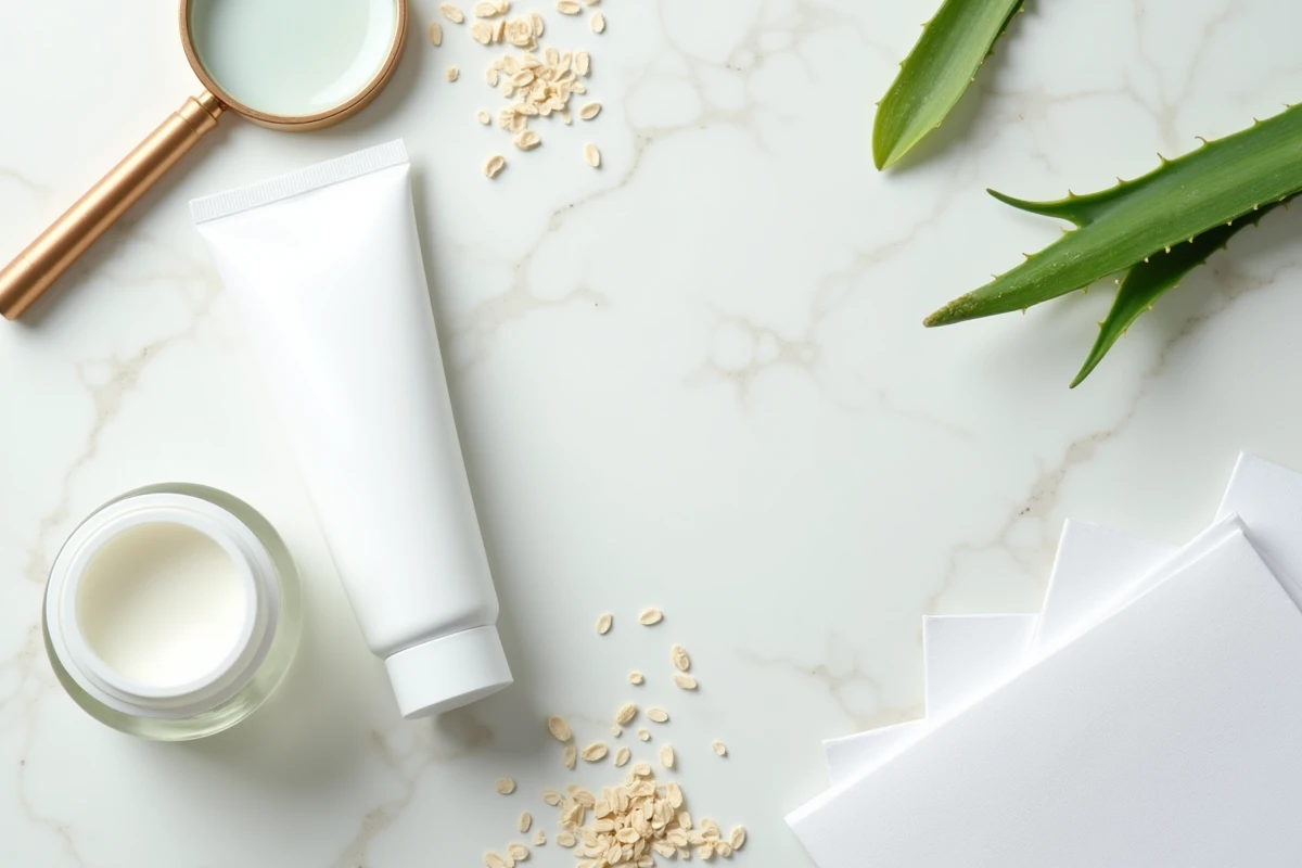 Flat-lay de produits de soin cutané avec documents scientifiques sur marbre blanc pour analyse dermatologique