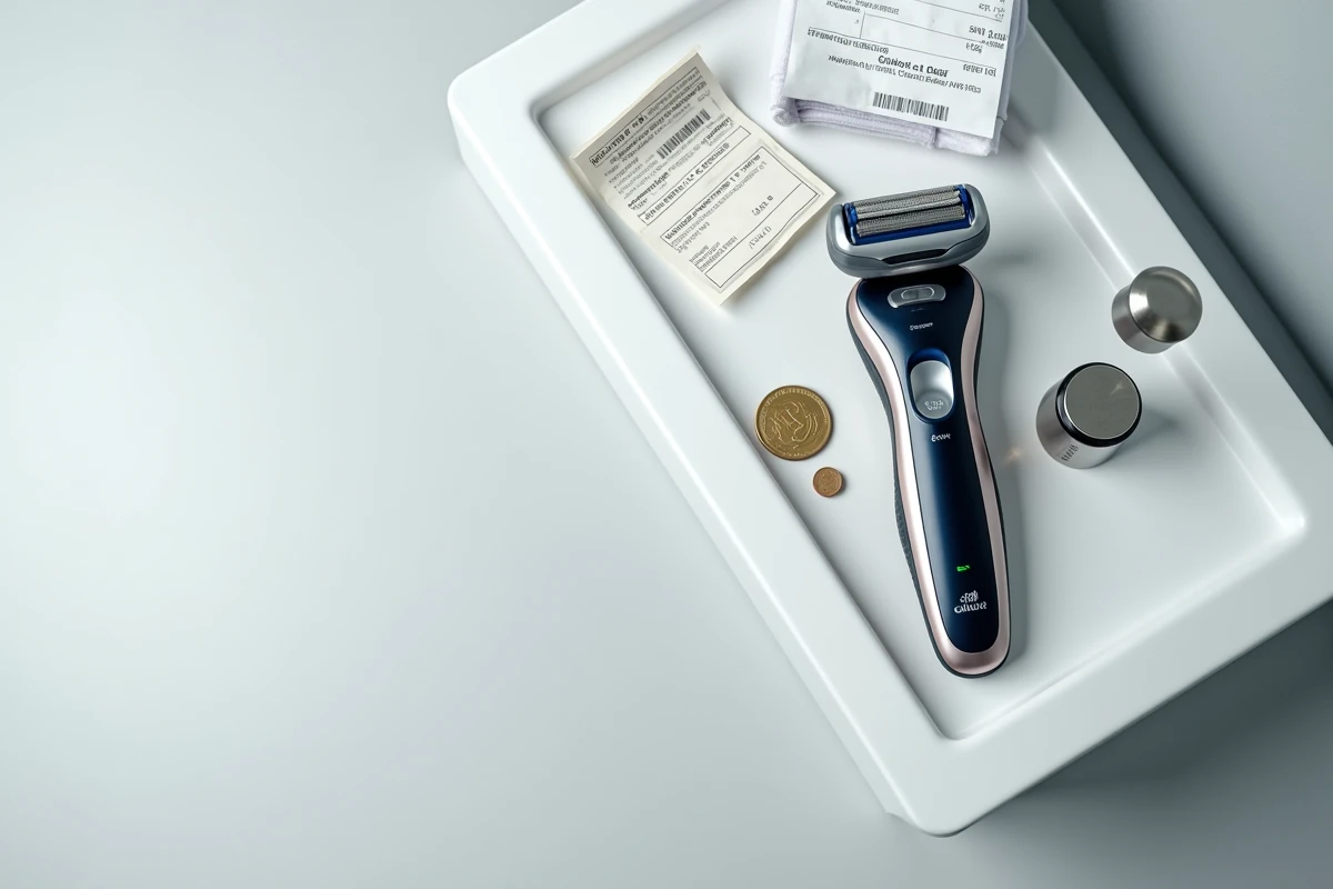 Flatlay d'un rasoir électrique Gillette avec ticket de caisse et pièces de monnaie évoquant un achat économique