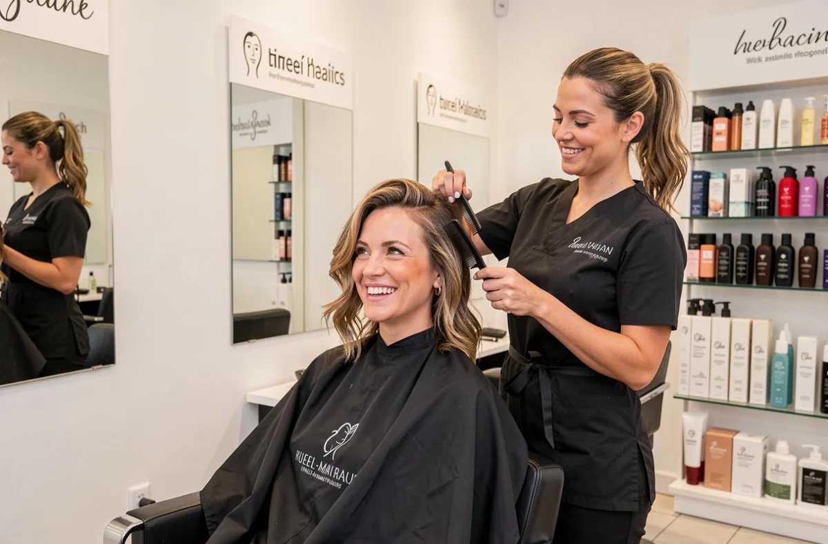 Cliente satisfaite avec un brushing terminé dans le salon Franck Provost à Rueil-Malmaison