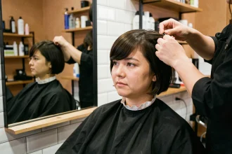 Femme aux joues rondes découvrant sa nouvelle frange en biais chez le coiffeur, assise devant un miroir de salon
