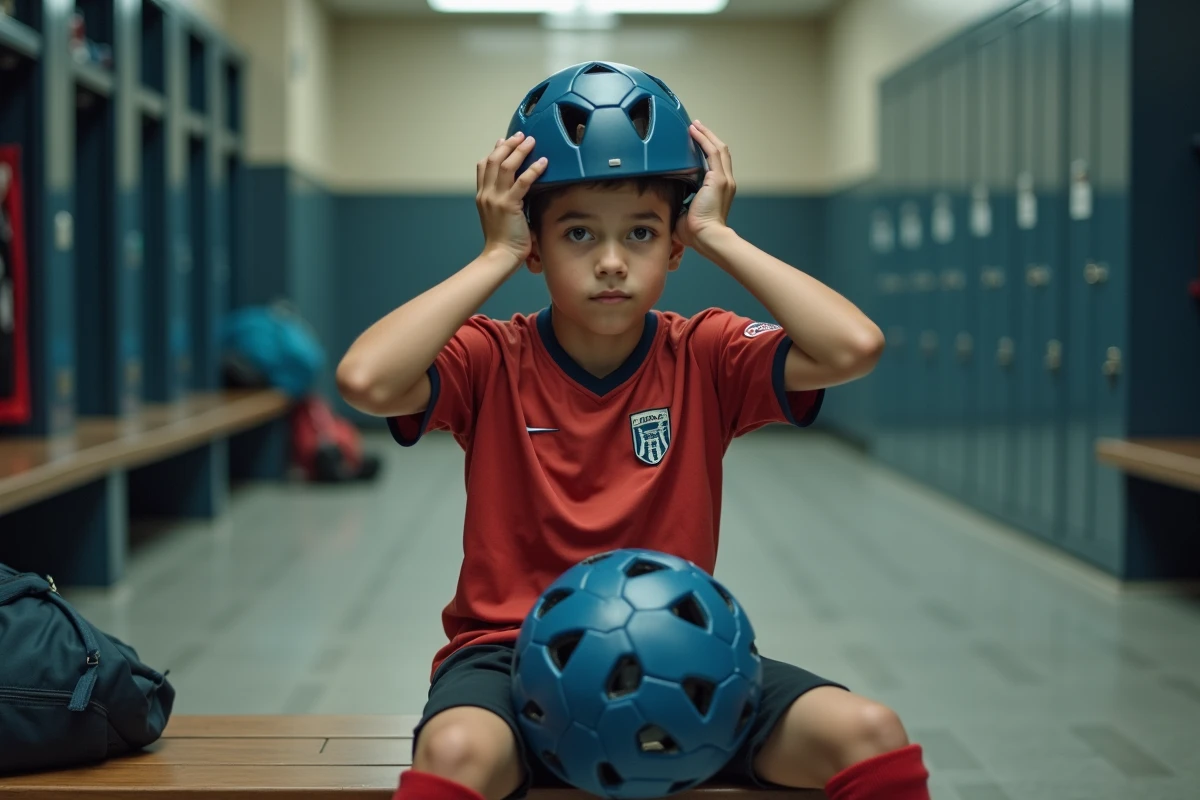 Garçon de 12 ans retirant son casque dans un vestiaire sportif