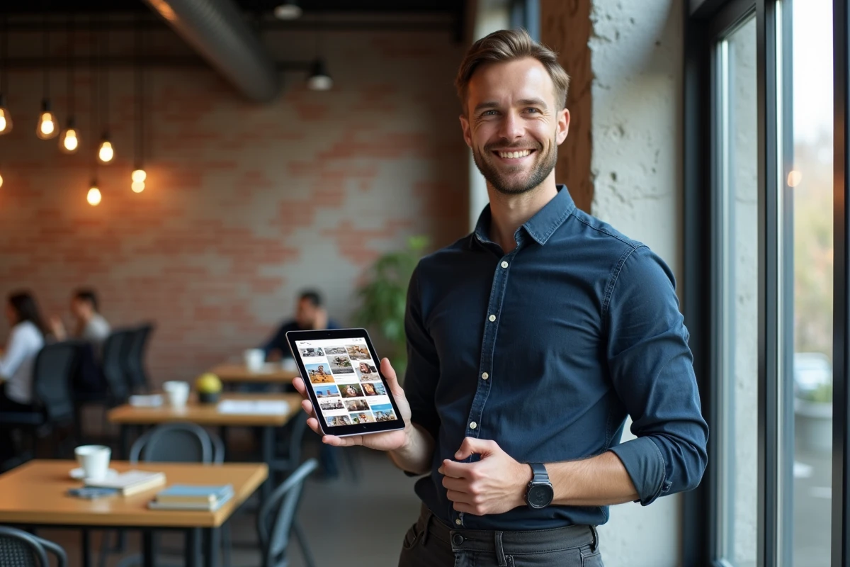 Homme consultant une grille de contenu Instagram sur tablette dans un espace de coworking moderne