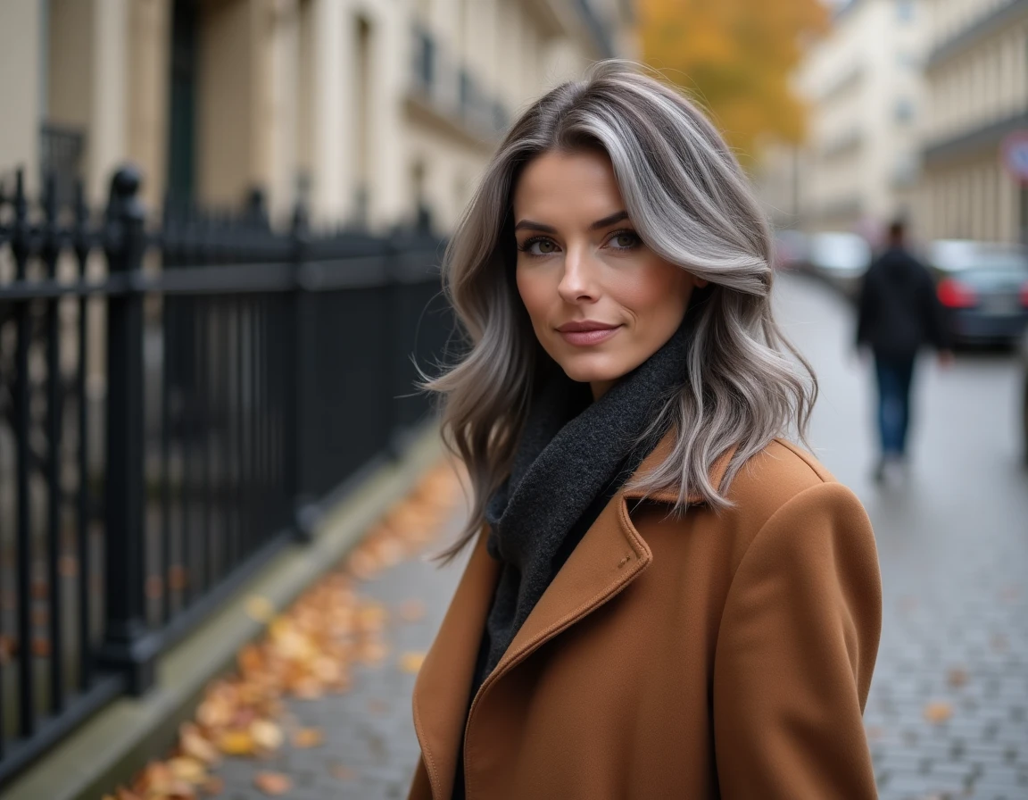 Femme aux cheveux bruns avec racines grises naturelles en rue parisienne en automne, tendance grey blending
