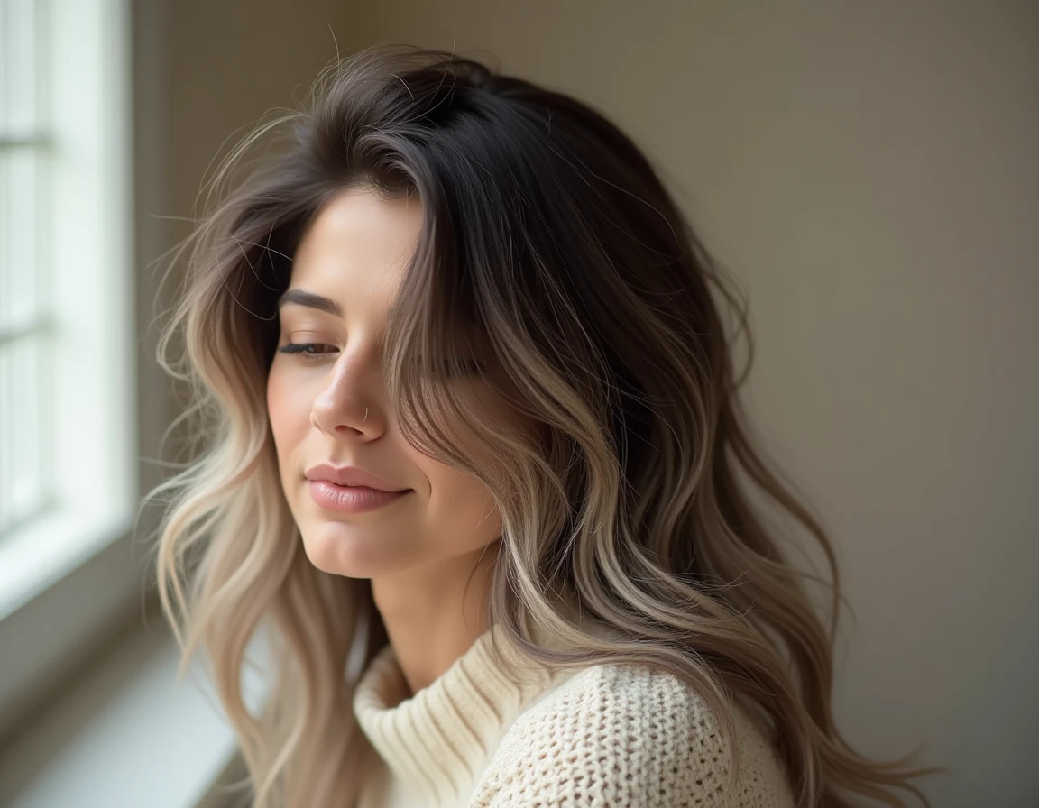Gros plan sur des cheveux bruns avec fils blancs naturels illustrant la technique grey blending sur cheveux foncés