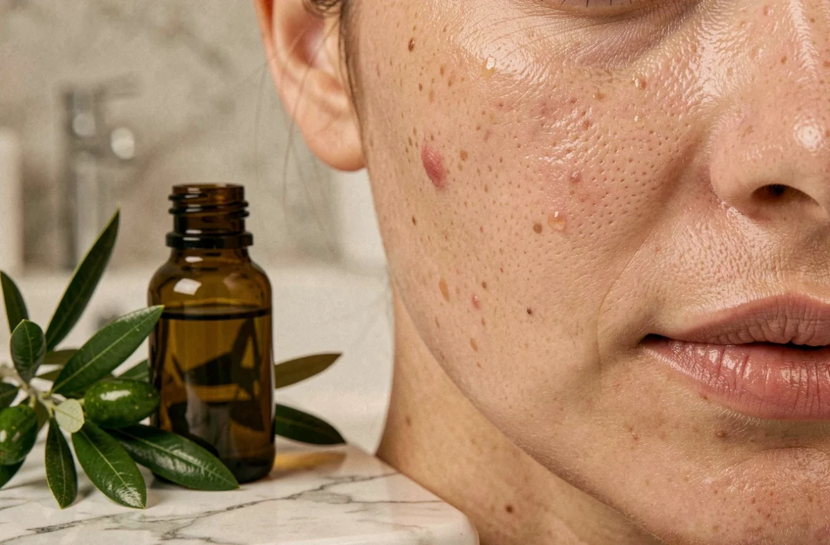 Gros plan sur une peau avec des imperfections et un aspect huileux après application d'huile d'olive, avec un flacon en verre sombre posé sur un comptoir en marbre