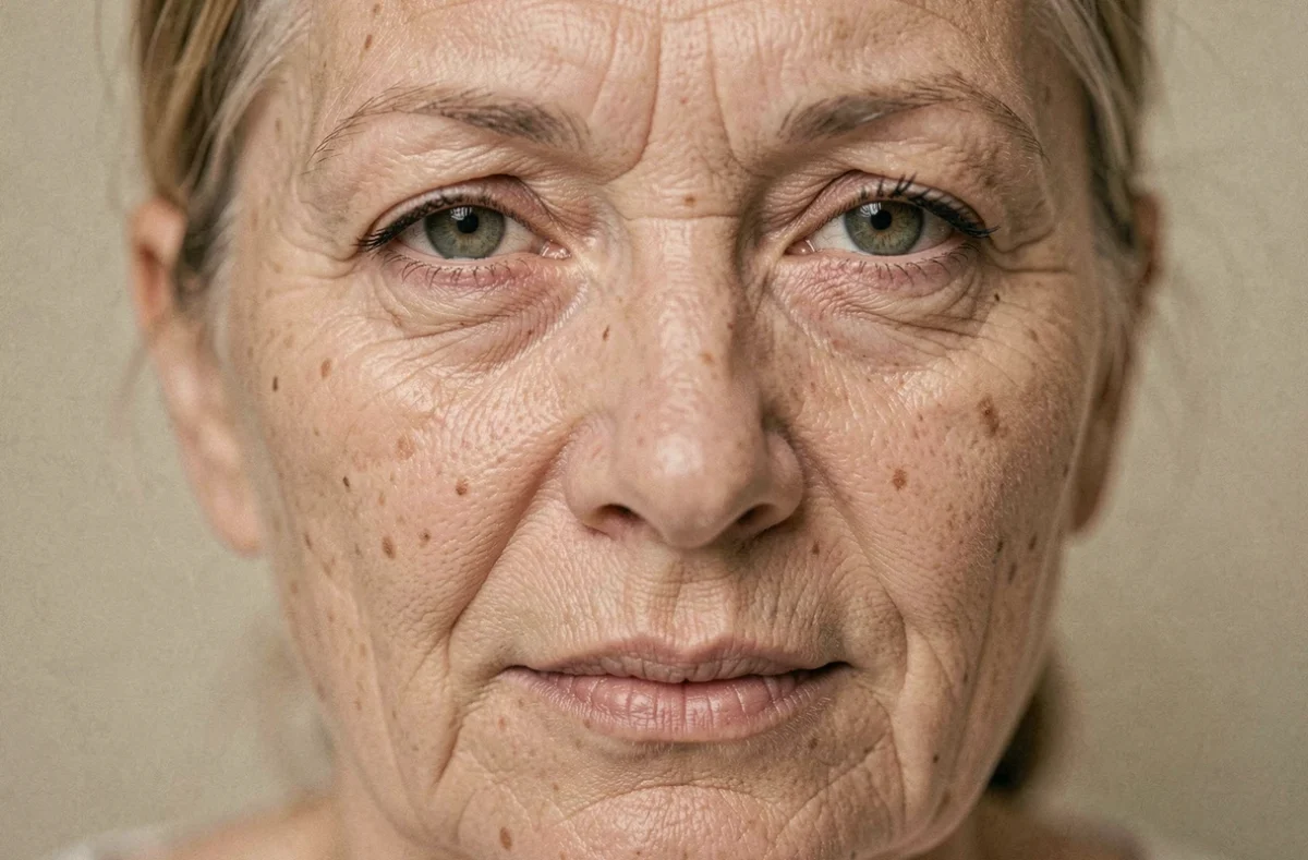 Gros plan sur les rides profondes d'une femme mature avant et après traitement anti-âge LYMA