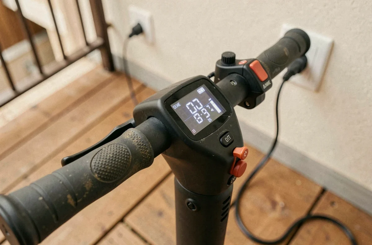 Gros plan sur le tableau de bord et la poignée d'une trottinette électrique Lidl en charge sur un balcon