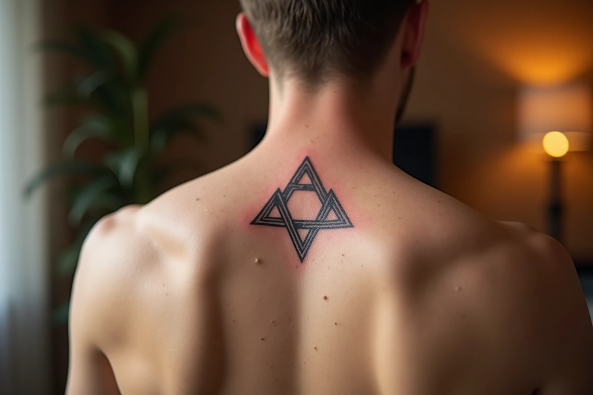 Gros plan d'un tatouage valknut trois triangles sur le haut du dos avec rendu de peau réaliste