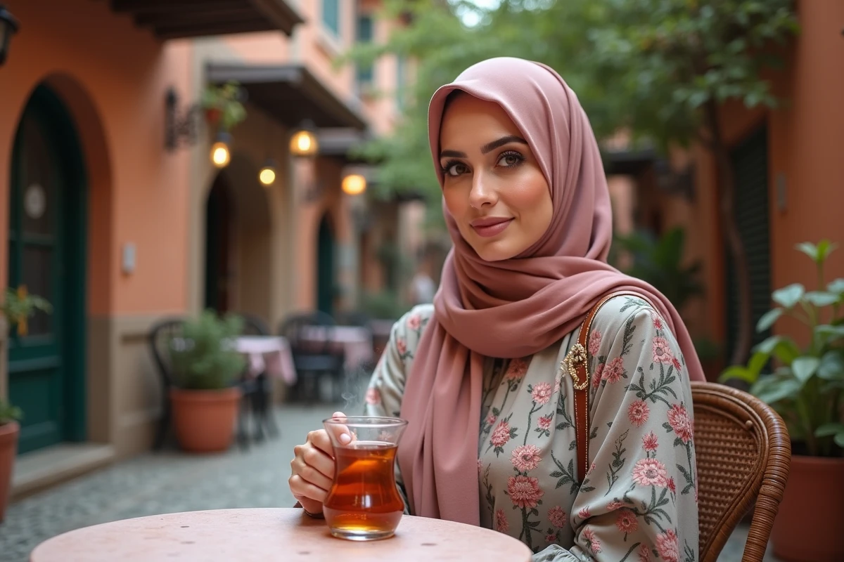 Femme marocaine en hijab rose poudré avec maquillage kohl et lèvres nudes assise dans un café de la médina de Marrakech