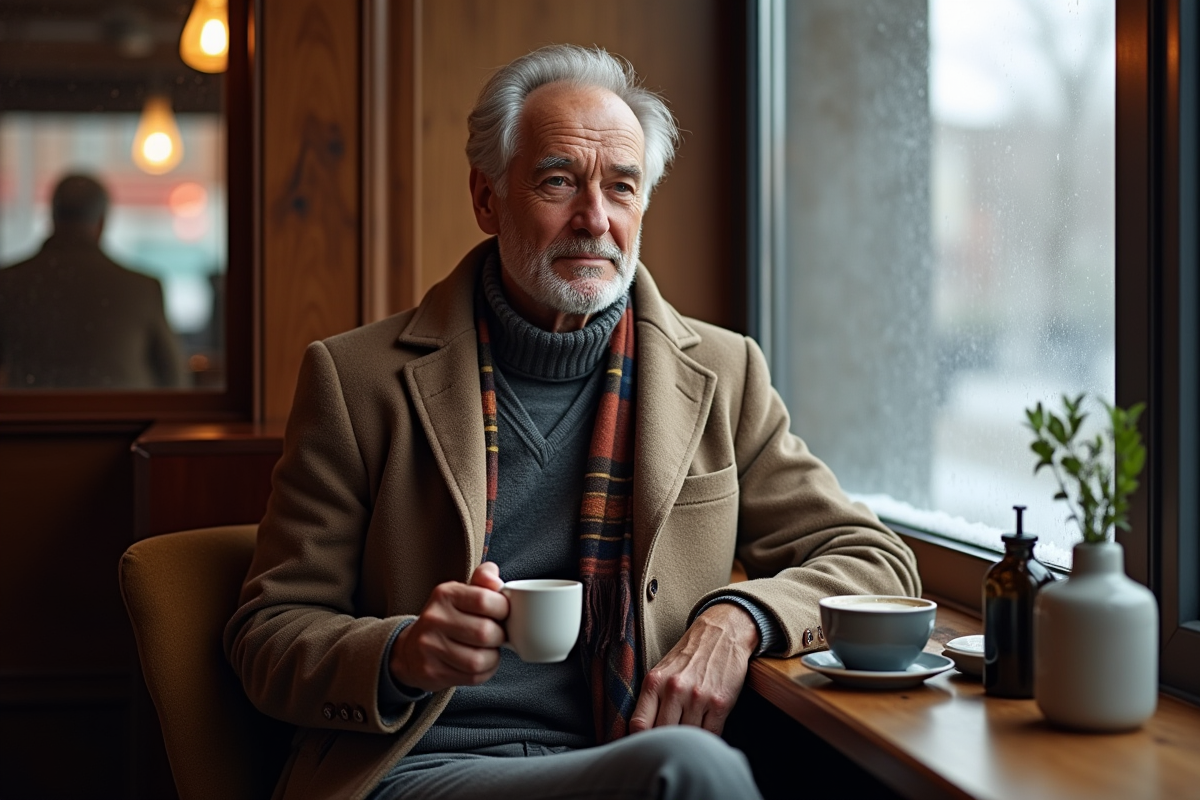 Homme détendu dans un café en hiver