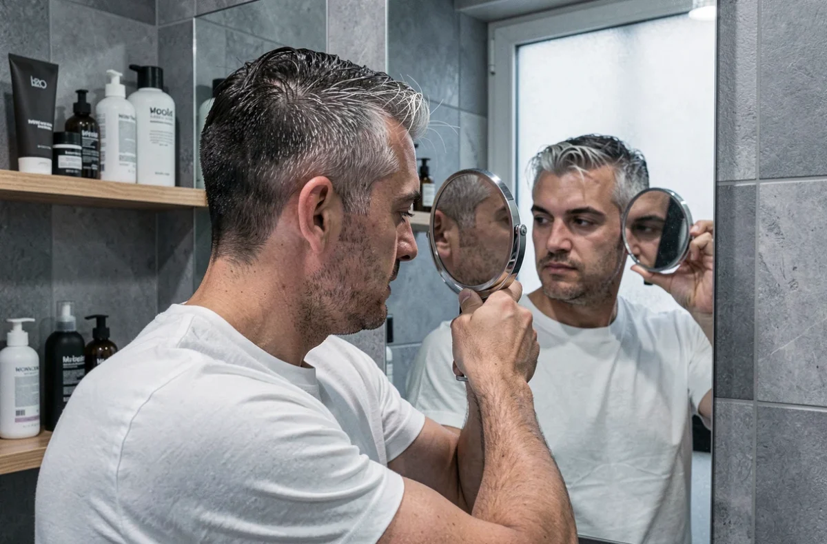 Homme de 32 ans examinant ses cheveux blancs prématurés aux tempes devant un miroir de salle de bain moderne