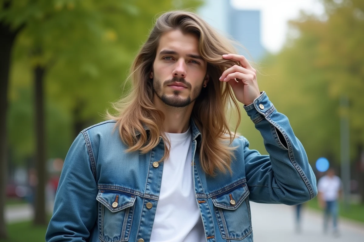 Jeune homme aux cheveux longs dans un parc urbain