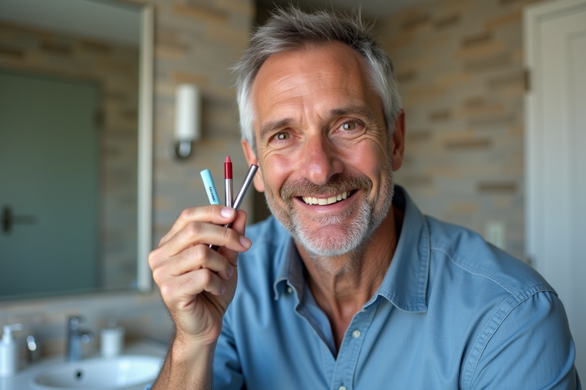 Homme montrant des échantillons de crayons à yeux dans la salle de bain