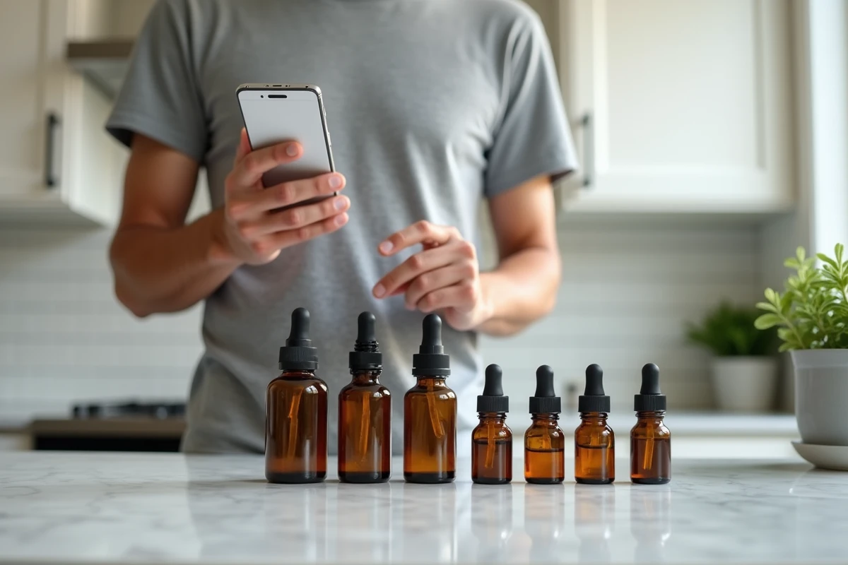 Homme consultant un code promo Aromazon sur smartphone avec des flacons d'huiles essentielles sur un plan de travail