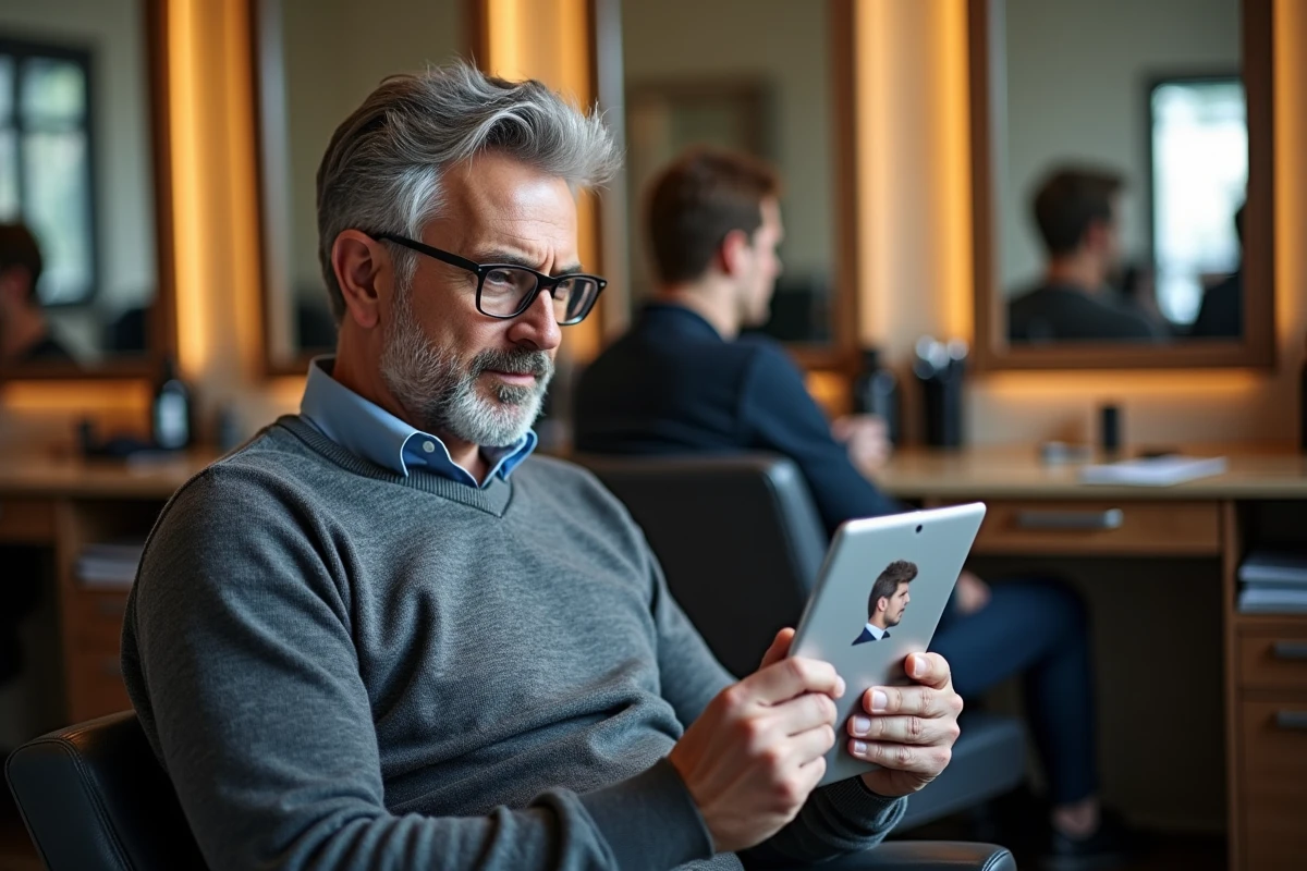 Homme coiffé regardant une tablette dans un salon de coiffure
