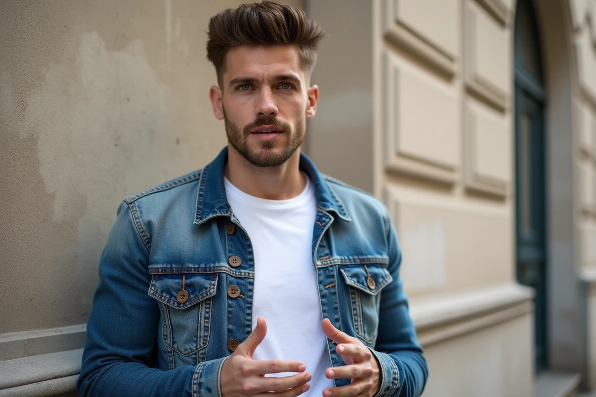 Homme en denim avec coiffure carré boule en extérieur